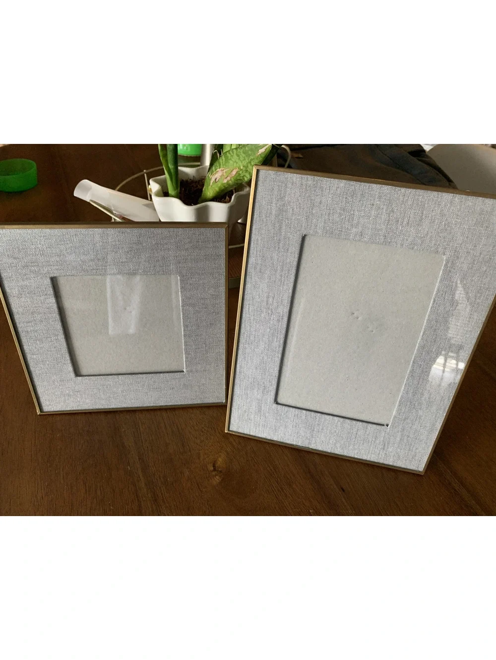 2 Photo Frames with Grey Linen Outside Mat and Gold Edging